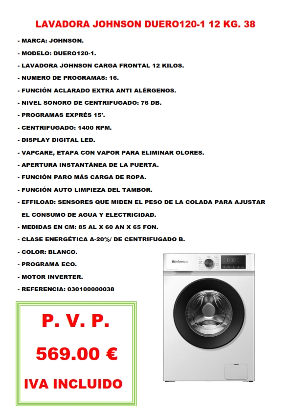 LAVADORA JOHNSON DUERO120-1 12 KG. 38