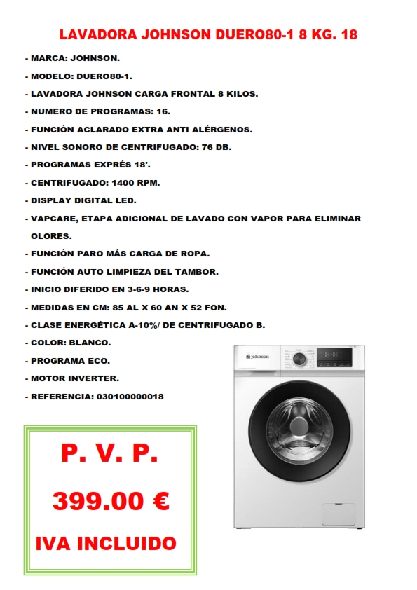LAVADORA JOHNSON DUERO80 8 KG. 18