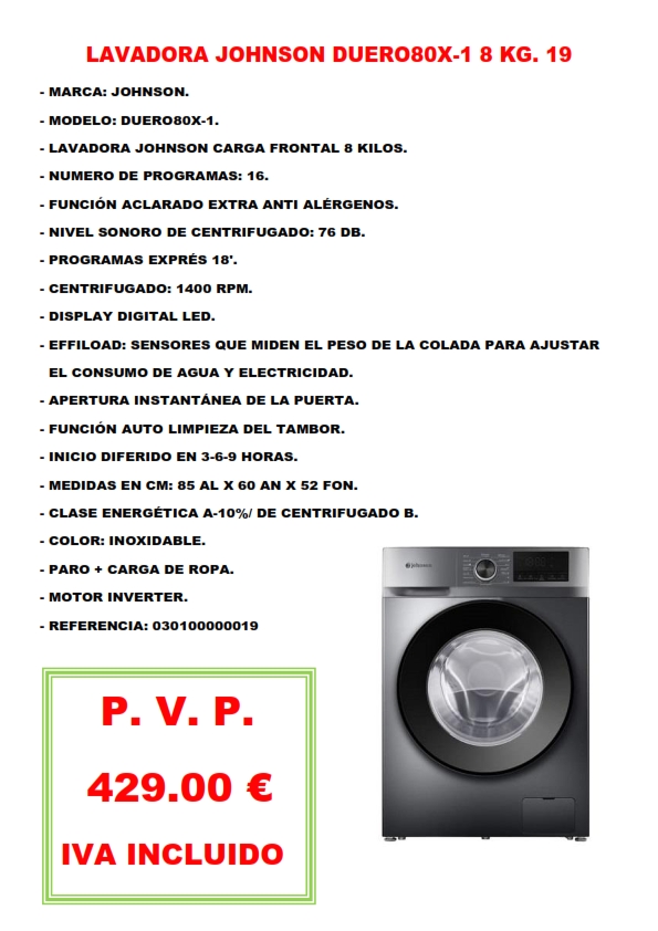 LAVADORA JOHNSON DUERO80XA-1 8 KG. 19