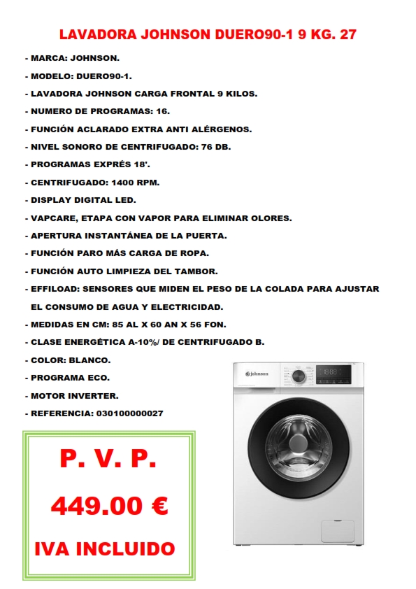 LAVADORA JOHNSON DUERO90 9 KG. 27