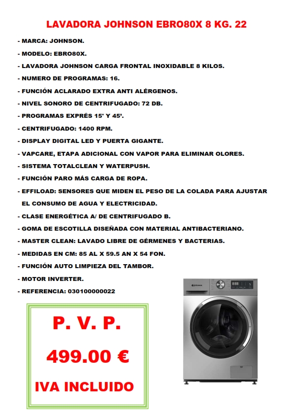 LAVADORA JOHNSON EBRO80X 8 KG. 22