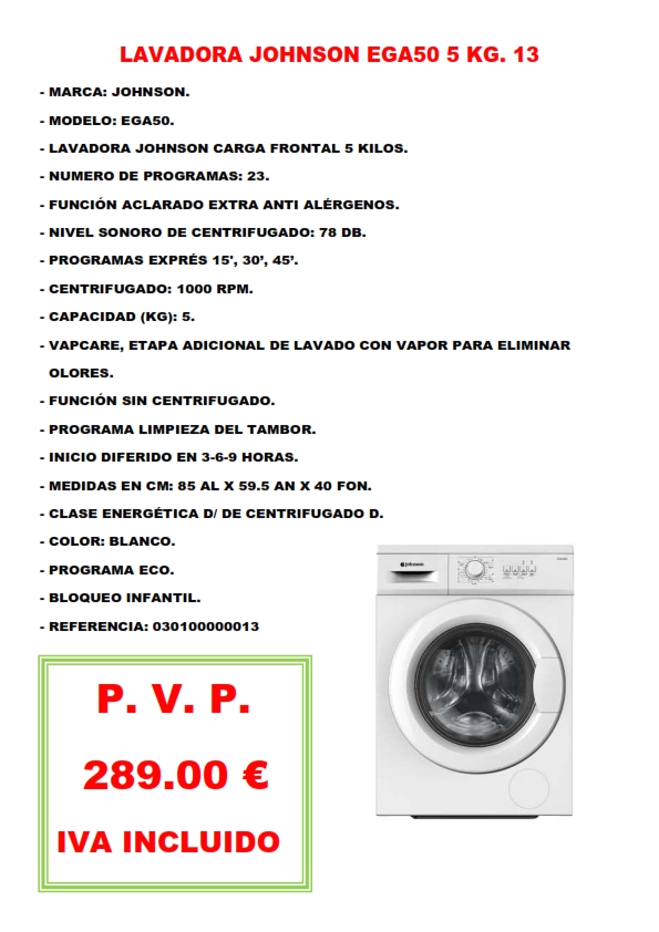 LAVADORA JOHNSON EGA50 5 KG. 13
