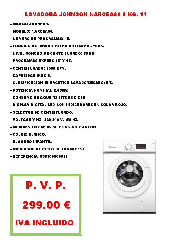 LAVADORA JOHNSON NARCEA60 6 KG. 11
