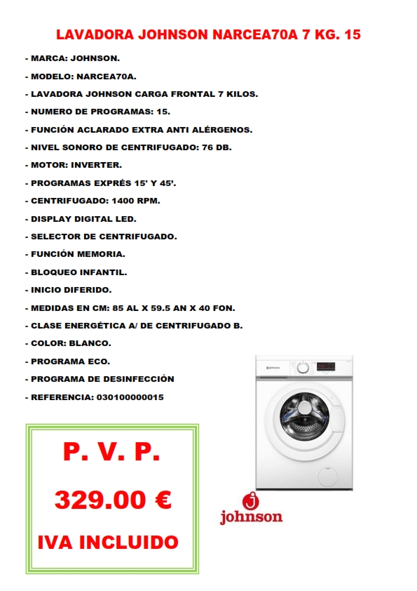 LAVADORA JOHNSON NARCEA70A 7 KG. 15