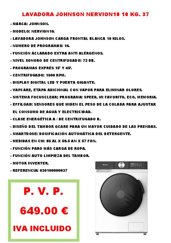 LAVADORA JOHNSON NERVION10 10 KG. 37