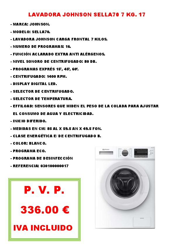 LAVADORA JOHNSON SELLA70 7 KG. 17