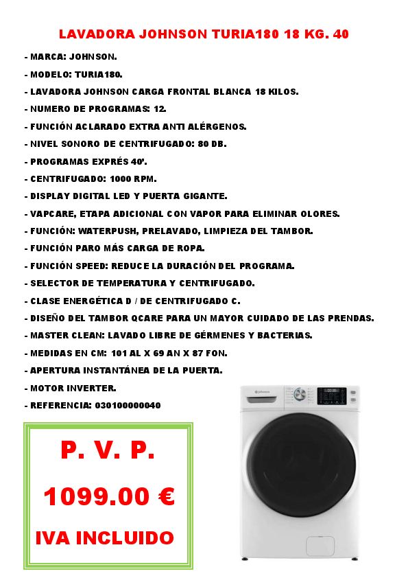 LAVADORA JOHNSON TURIA180 18 KG. 40