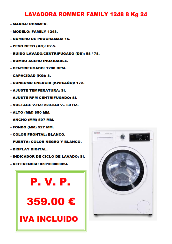 LAVADORA ROMMER FAMILY 1248 8 Kg 24