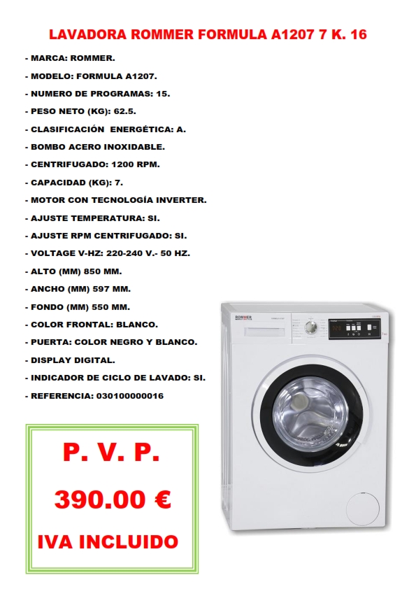 LAVADORA ROMMER FORMULA A1207 7 K. 16