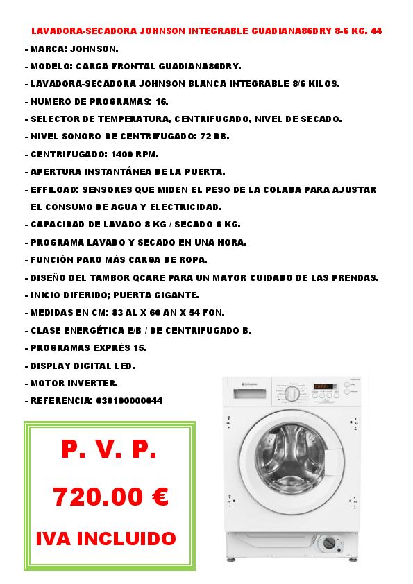 LAVADORA-SECADORA JOHNSON INTEGRABLE GUADIANA86DRY 8-6 KG. 44