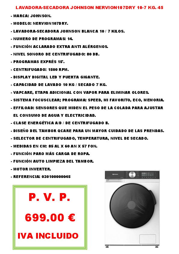 LAVADORA-SECADORA JOHNSON NERVION107DRY 10-7 KG. 45