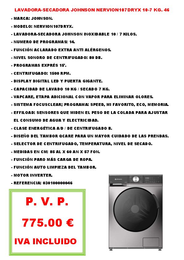 LAVADORA-SECADORA JOHNSON NERVION107DRYX 10-7 KG. 46