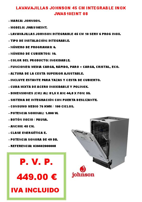 LAVAVAJILLAS JOHNSON 45 CM INTEGRABLE INOX JWAS10EINT 08