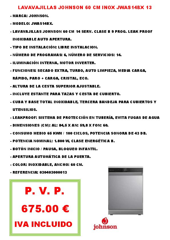 LAVAVAJILLAS JOHNSON 60 CM INOX JWAS14BX 13