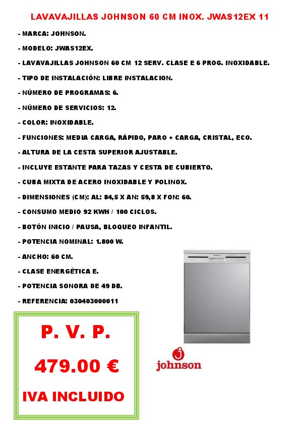 LAVAVAJILLAS JOHNSON 60 CM INOX. JWAS12EX 11