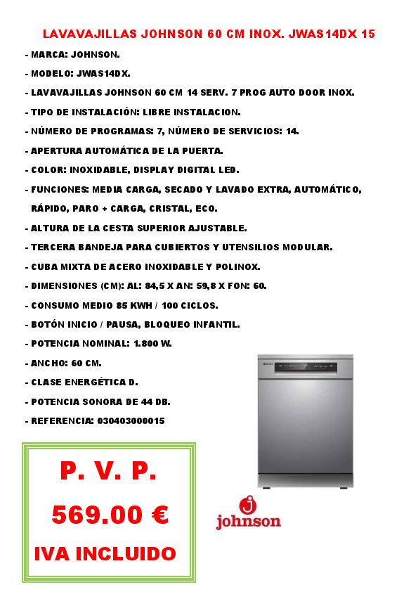 LAVAVAJILLAS JOHNSON 60 CM INOX. JWAS14DX 15