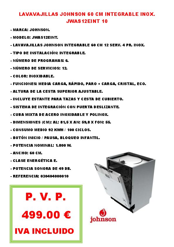 LAVAVAJILLAS JOHNSON 60 CM INTEGRABLE INOX. JWAS12EINT 10