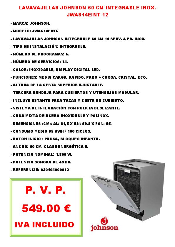 LAVAVAJILLAS JOHNSON 60 CM INTEGRABLE INOX. JWAS14EINT 12