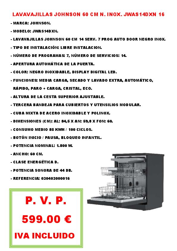 LAVAVAJILLAS JOHNSON 60 CM N. INOX. JWAS14DXN 16