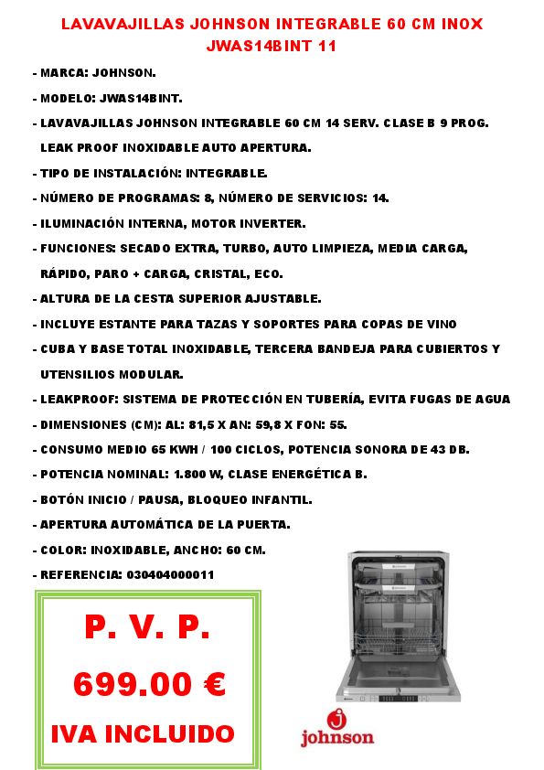 LAVAVAJILLAS JOHNSON INTEGRABLE 60 CM INOX JWAS14BINT 11