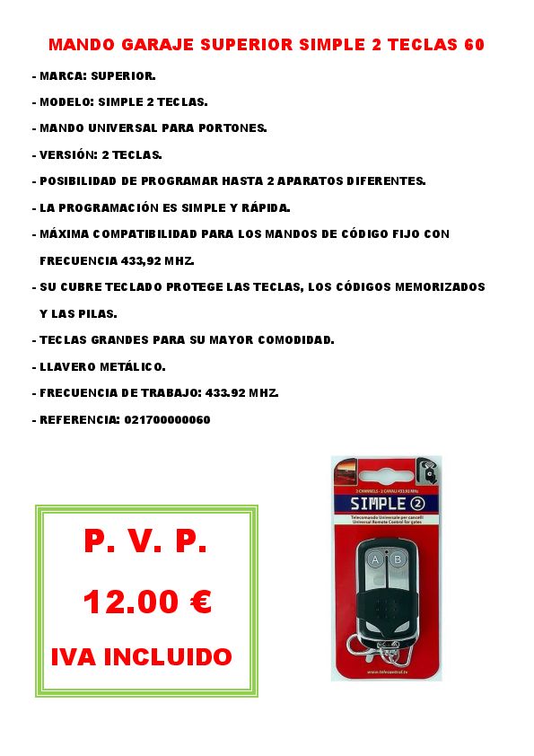 MANDO GARAJE SUPERIOR SIMPLE 2 TECLAS 60