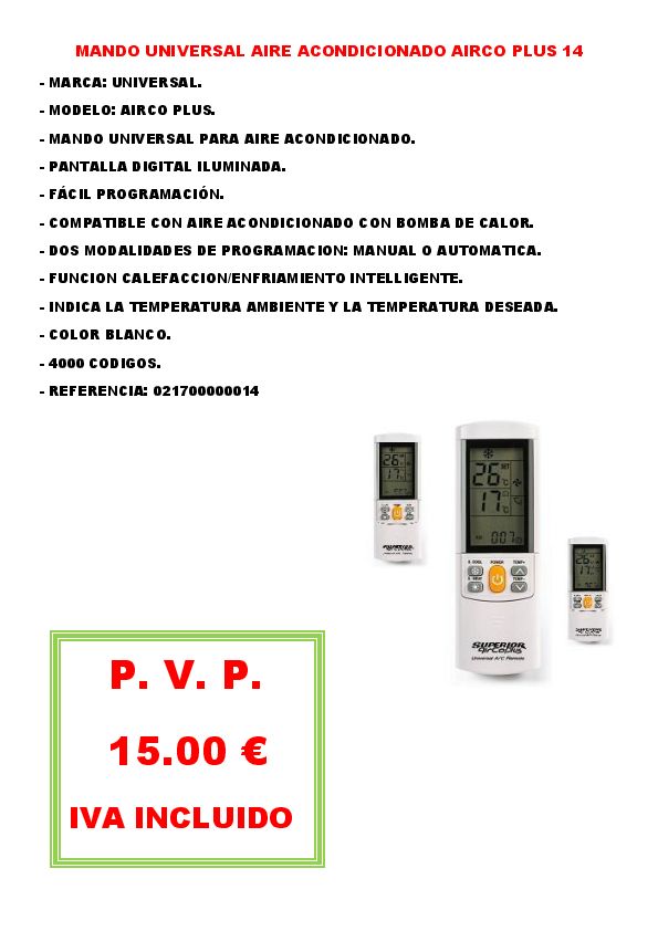 MANDO UNIVERSAL AIRE ACONDICIONADO AIRCO PLUS 14