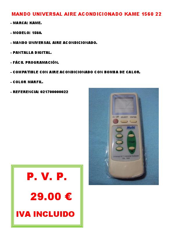 MANDO UNIVERSAL AIRE ACONDICIONADO KAME 1560 22