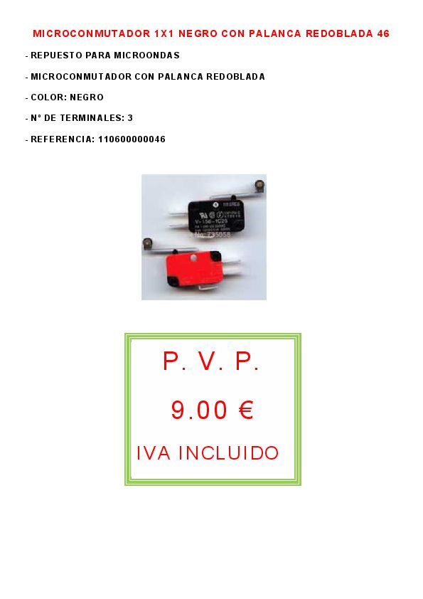 MICROCONMUTADOR 1X1 NEGRO CON PALANCA REDOBLADA 46