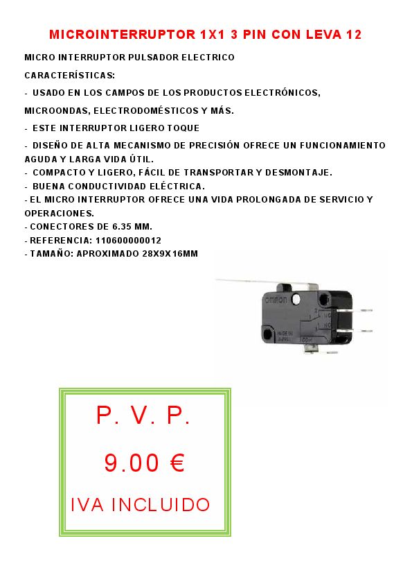 MICROINTERRUPTOR 1X1 3 PIN CON LEVA 12