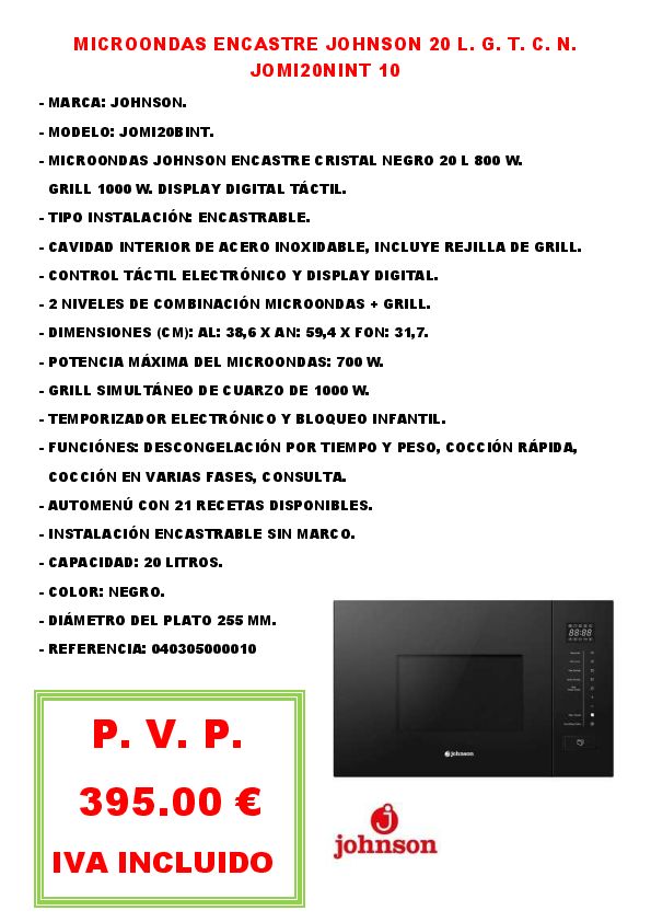 MICROONDAS ENCASTRE JOHNSON 20 L. G. T. C. N. JOMI20NINT 10