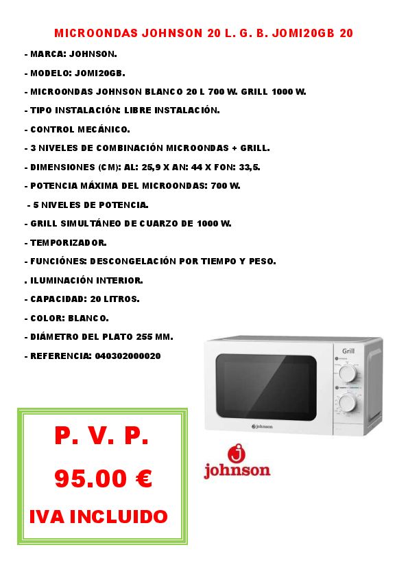 MICROONDAS JOHNSON 20 L. G. B. JOMI20GB 20