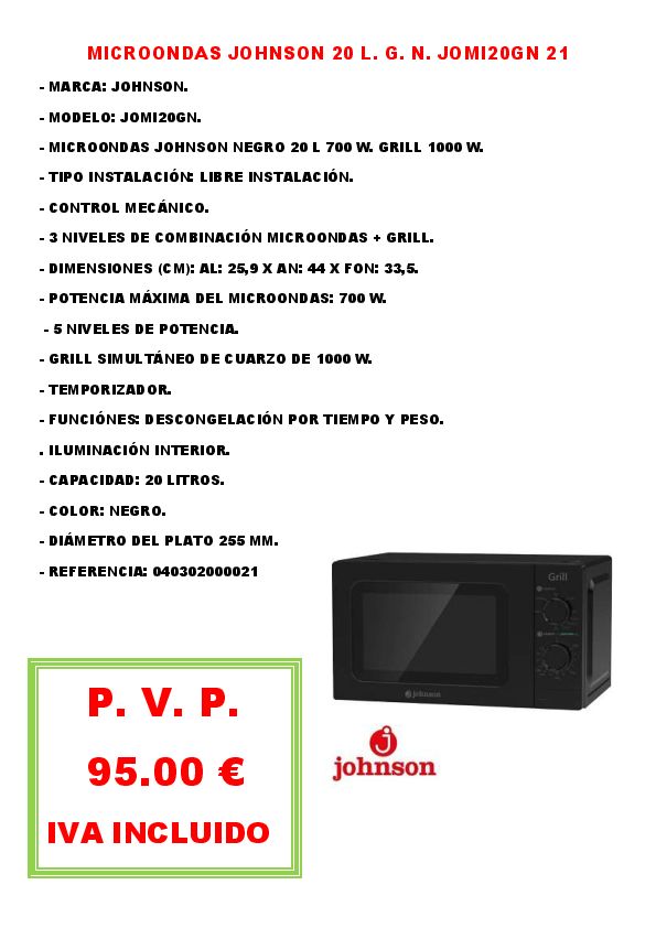 MICROONDAS JOHNSON 20 L. G. N. JOMI20GN 21