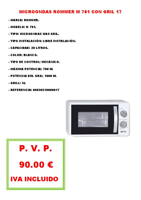 MICROONDAS ROMMER M 701 CON GRIL 17