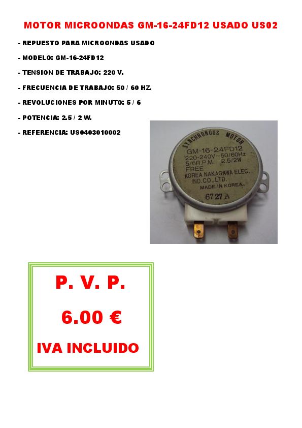 MOTOR MICROONDAS GM-16-24FD12 USADO US02 