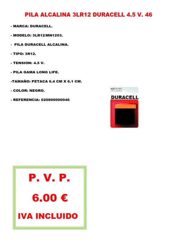 PILA ALCALINA 3LR12 DURACELL 4.5 V. 46