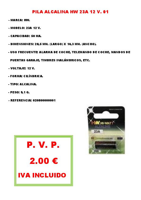 PILA ALCALINA HW 23A 12 V. 01