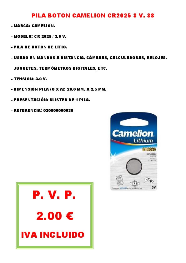 PILA BOTON CR2025 3 V. CAMELION 38