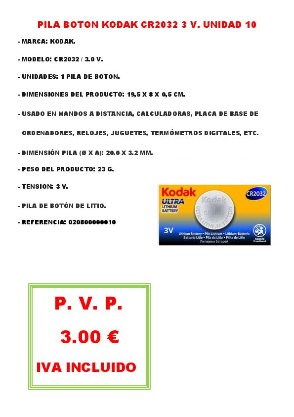 PILA BOTON KODAK CR2032 3 V. UNIDAD 10