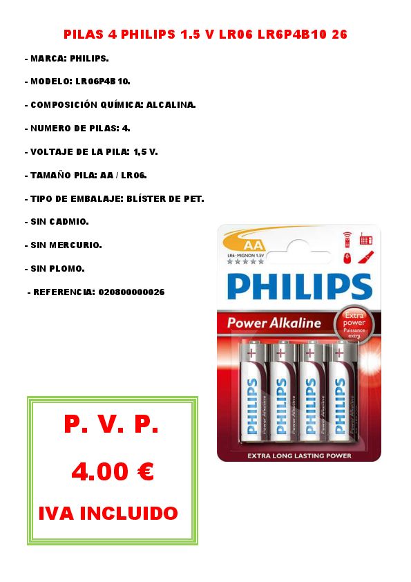 PILAS 1.5 V LR06 PHILIPS LR6P4B10 PACK DE 4 PILAS
