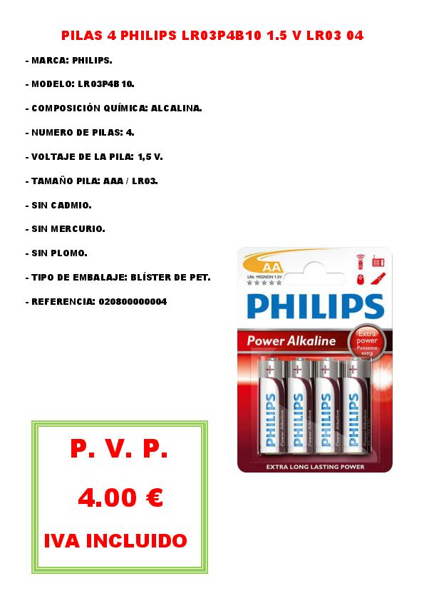 PILAS 4 PHILIPS LR03P4B10 1.5 V LR03 04