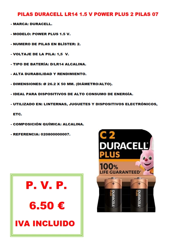 PILAS DURACELL LR14 1.5 V POWER PLUS 2 PILAS 07