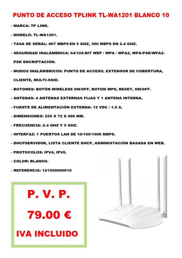 PUNTO DE ACCESO TPLINK TL-WA1201 BLANCO 10