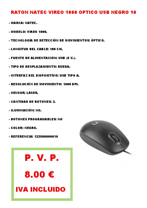 RATON NATEC VIREO 1000 OPTICO USB NEGRO 10