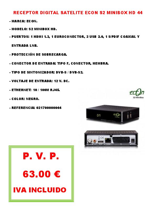 RECEPTOR DIGITAL SATELITE ECON S2 MINIBOX HD 44 