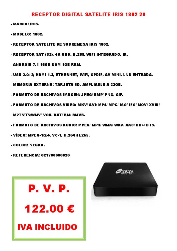 RECEPTOR DIGITAL SATELITE IRIS 1802 20 