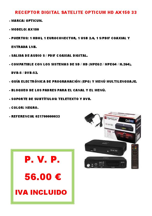 RECEPTOR DIGITAL SATELITE OPTICUM HD AX150 33