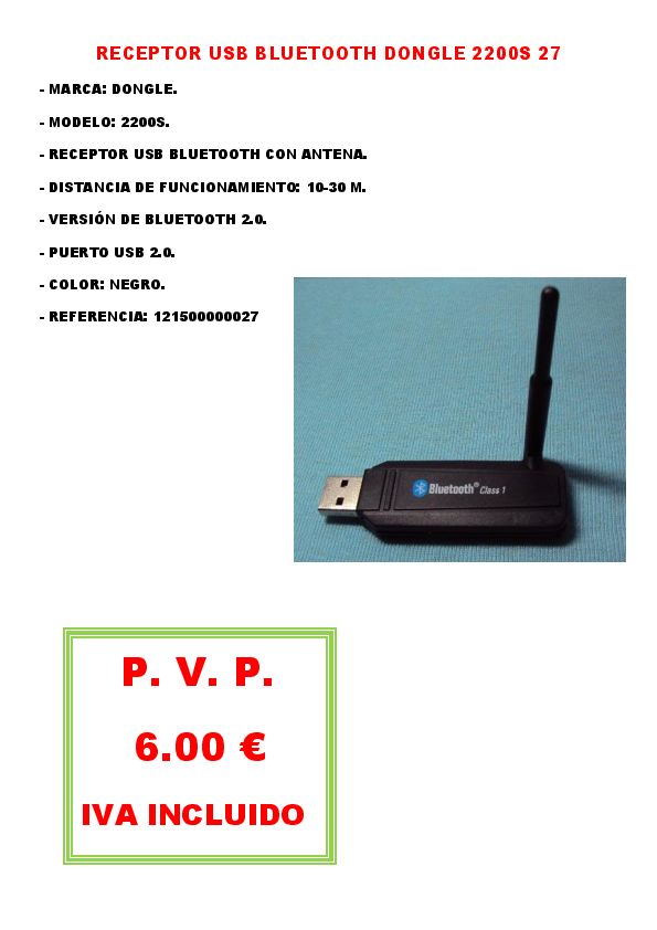 RECEPTOR USB BLUETOOTH DONGLE 2200S 27