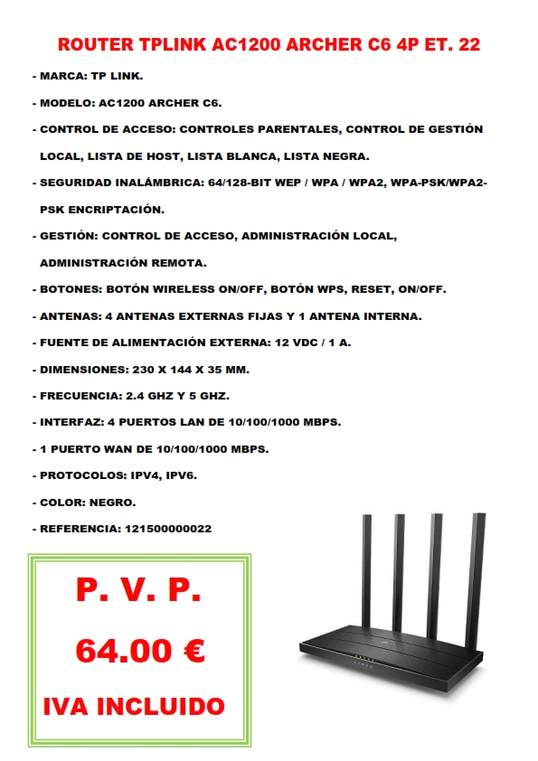 ROUTER TPLINK AC1200 ARCHER C6 4P ET. 22