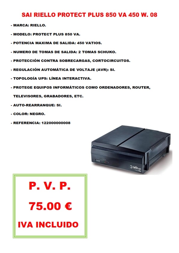 SAI RIELLO PROTECT PLUS 850 VA 450 W. 08