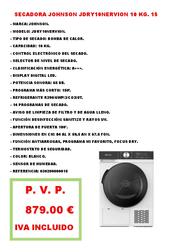 SECADORA JOHNSON JDRY10NERVION 10 KG. 15